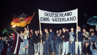 Berliner stehen mit Flaggen und Plakten auf der Berliner Mauer am Brandenburger Tor.