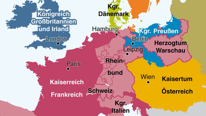 Eine Landkarte zeigt, welche Gebiete zum Rheinbund (1806-1813) gehörten