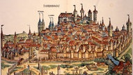 Kolorierter Holzschnitt: Ansicht der Stadt Nürnberg (1493)