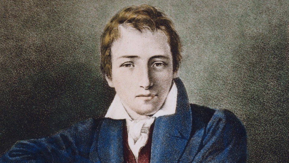 Kolorierte Lithographie des deutschen Schriftstellers Heinrich Heine.   