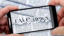 Handy, auf dem aus rausgerissenen Zeitungslettern "Fake News" steht