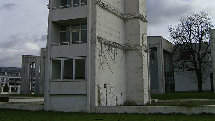 Ein turmartiger Gebäuderest, auf dem ein Baum steht. An der Frontseite sind Scheiben. Aus der rechten Seite ragen dort, wo früher die Trenndecken der Etagen waren, Eisenreste aus der Wand.