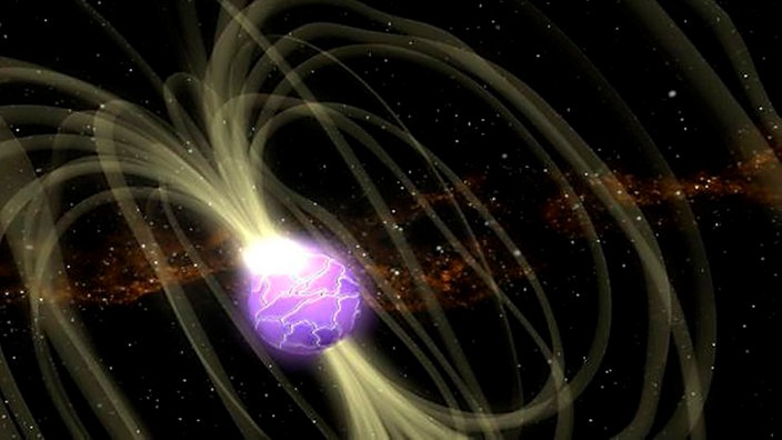 Grafische Darstellung der Erde im Weltraum. Die Erde ist mit Linien umgeben, die das Erdmagnetfeld darstellen sollen