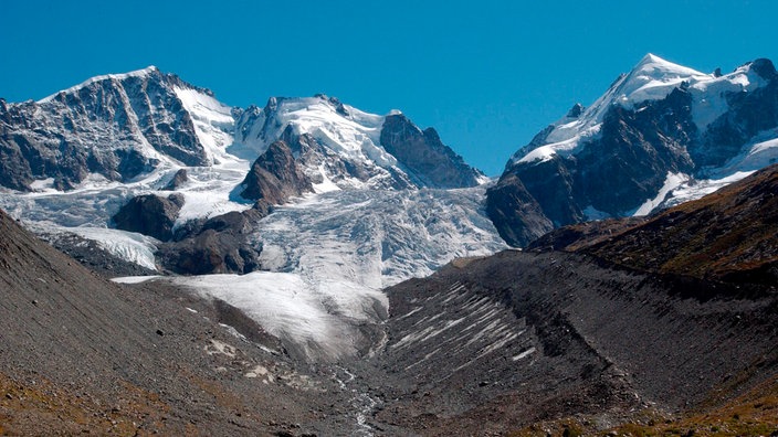 Schweiz, Kanton Graubünden: der Tschiervagletscher mit den Bergen Piz Bernina, Scerscen und Roseg