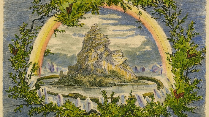 Weltesche Yggdrasil, Holzstich um 1880, spätere Kolorierung