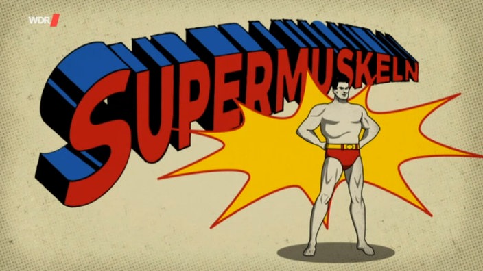 Grafik: Comic-Superman mit Schriftzug "Supermuskeln"