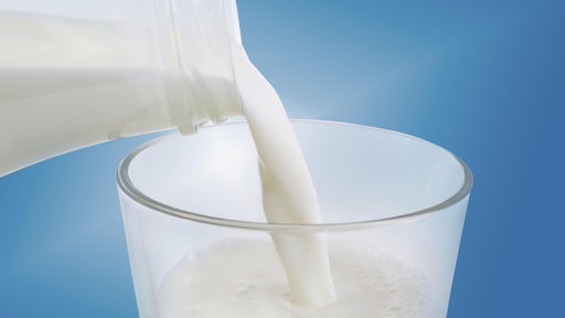 Milch wird aus einer Flasche in ein Glas geschüttet