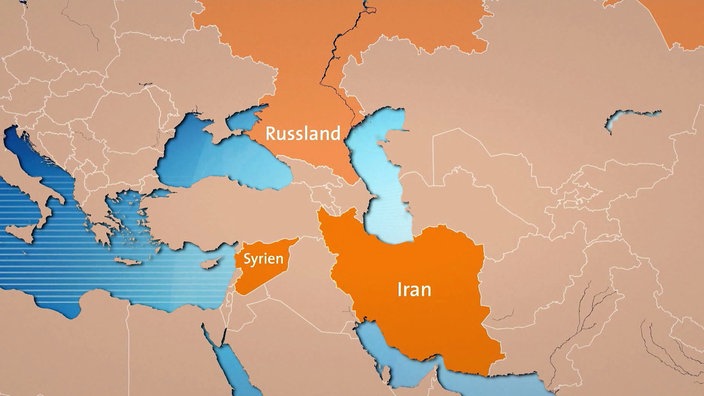 Karte auf dem die ein Teil Russlands, sowie Syrien und der Iran farblich hervorgehoben sind.