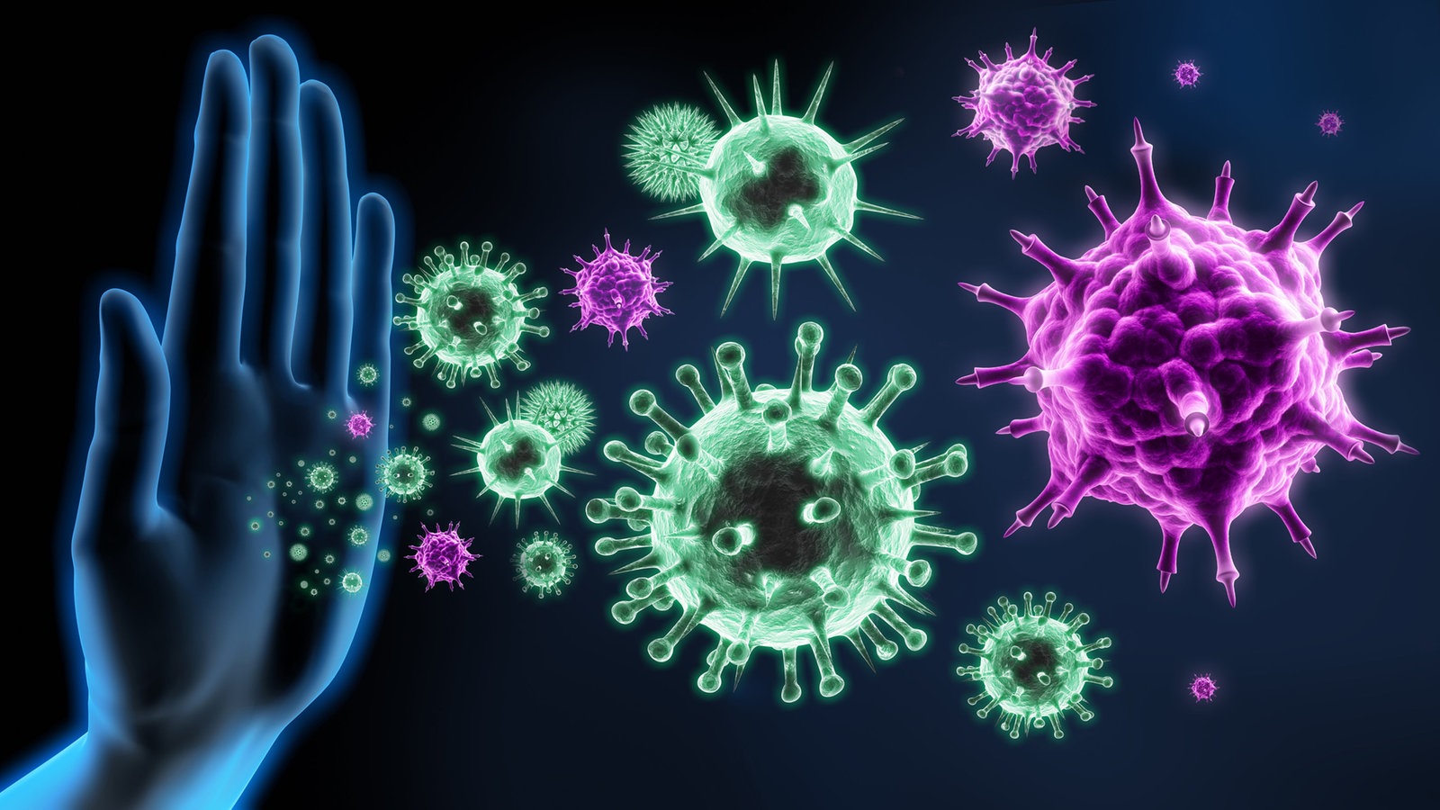 Grafik: Eine durchsichtige, erhobene Hand wehrt Viren und Mirkoben ab.
